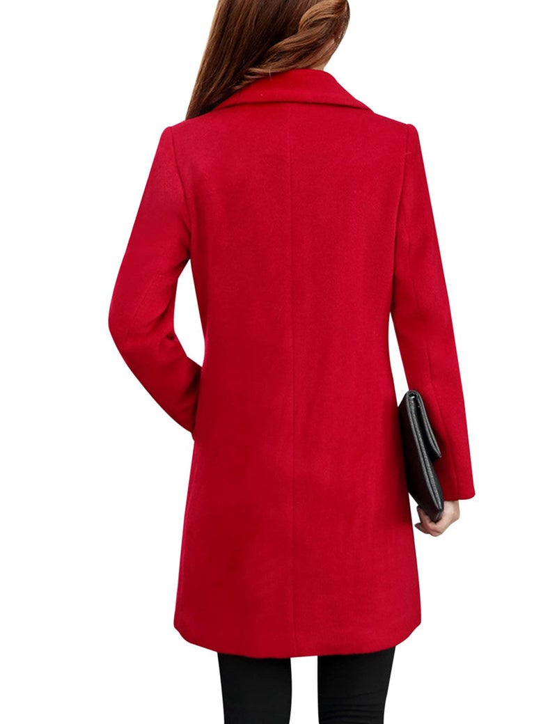 Tanming Womens Elegant Notched Collar Button Wool Blend Solid Long Pea Coat Overcoat (Red-S) - Image 2